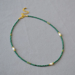 French vintage double layer necklace with malachite beads and emerald square pendant