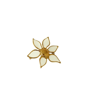 Elegant gold-plated brass brooch with white enamel flower petals and a central golden bead