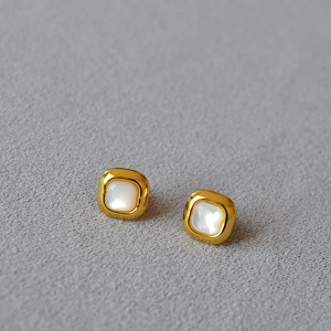 Minimalist square mother of pearl stud earrings with polished gold geometric finish