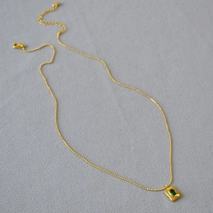 French vintage gold beaded necklace with emerald green geometric pendant double layered style