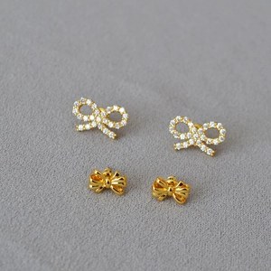 Elegant Brass Gold Plated Bowknot Stud Earrings With Zirconia Inlaid 925 Sterling Silver Post For Women Niche Jewelry