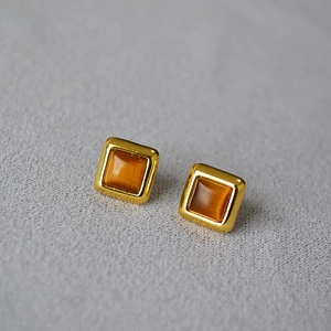 Boucles d'oreilles carrées style français en œil de tigre et aiguille argent 925