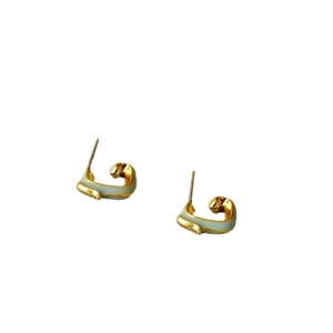 Minimalist gold-plated dragon earrings with light blue enamel on a white background