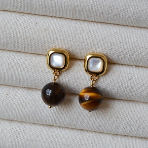 Geometric square earrings with mother of pearl and sphere tiger eye stones in gold finish
