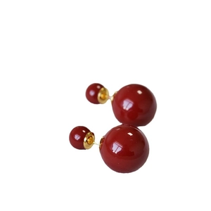 Elegant French style burgundy double pearl earrings with gold finish and 925 silver studs