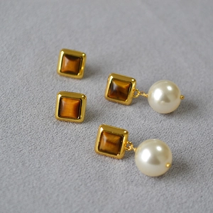 Ensemble de boucles d'oreilles vintage géométriques en oeil de tigre et perles dorées