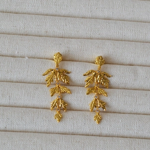 Vintage textured gold leaf drop earrings with sparkling zircon stones for women