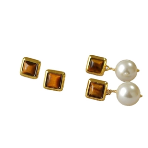 Boucles d'oreilles carrées en œil de tigre avec perles et aiguilles en argent 925 femme