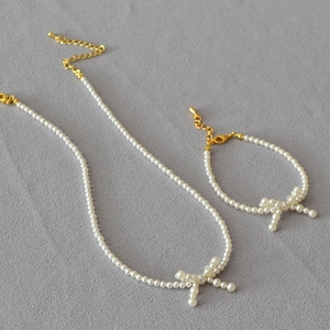 Elegant Imitation Artificial Pearl Necklace And Bracelet With Bowknot Design For Women French Minimalist Chic Jewelry