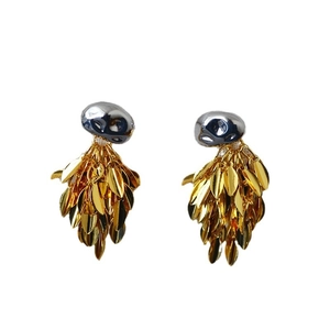 Two-tone brass leaf fringe earrings with silver studs and golden metallic sequins