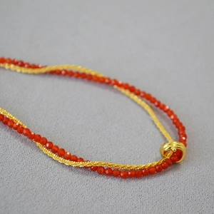 French Vintage Red Agate Beaded Necklace Gold Plated Copper Knot Chain Double Layer Choker Necklace Bracelet Jewelry Women
