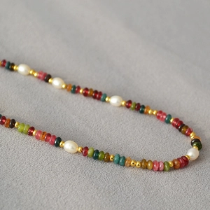 Handmade Natural Stone Freshwater Pearl Beaded Necklace For Women Vintage Colorful Vacation Jewelry Copper Gold Plated