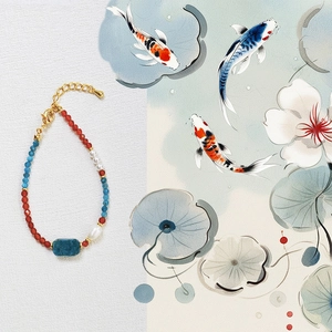 Detail of beaded necklace with red agate, blue apatite, and baroque pearl in retro style