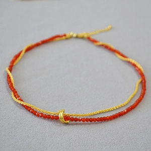 French vintage double-layered necklace with red beads and golden twisted knot chain