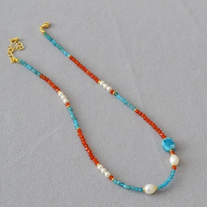 Handmade beaded necklace with red agate, apatite stones, and fresh water pearls for women