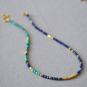 Retro phoenix stone and lapis lazuli beaded choker necklace with gold metallic accents