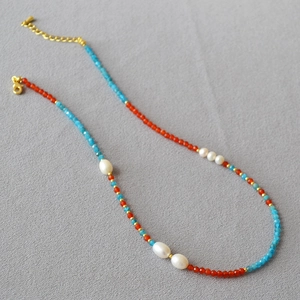Nouveau Style Chinois Dunhuang Vintage Perle d'Eau Douce Agate Apatite Collier de Perles Femme Laiton Plaque Or Collier