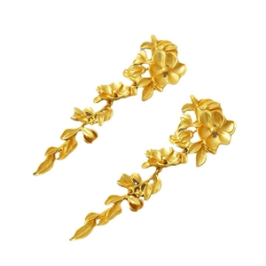 Matte gold vintage floral fringe drop earrings with 925 silver needle on white background