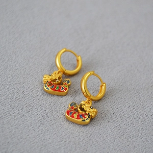 Traditional Chinese style gold dragon earrings with colorful enamel charms for women