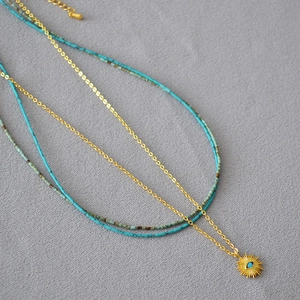 Collier Pendentif Soleil Mauvais Œil Rétro Künstliche Perles Turquoise Synthétique Künstliche Perle Artificielle Alliage Doré Femme