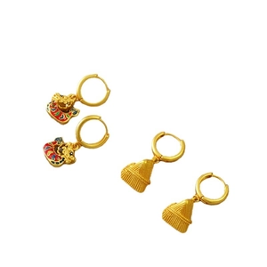 Golden dragon and Zongzi earrings with colorful enamel craft and textured finish