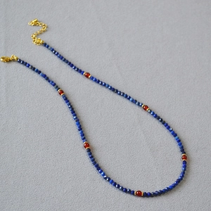 Macro shot of lapis lazuli and red agate beaded necklace with gold-plated clasp