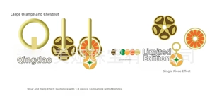 Détail de boucles d'oreilles DIY en laiton avec breloques émaillées orange et marron