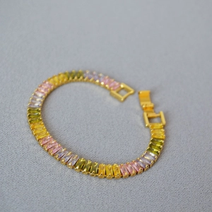 Luxury Brass Gold Plated Baguette Zirconia Bracelet Gradient Colorful Geometric Watch Buckle Bracelet Fashion Women Jewelry