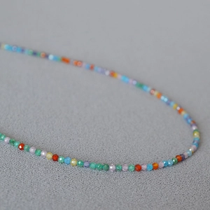 Minimalist short necklace with colorful faceted zircon beads and sparkling tiny gemstones