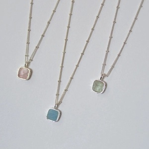 Minimalist Square Natural Stone Pendant Necklace Geometric Copper Silver Plated Aquamarine Strawberry Quartz Elegant Women Jewelry