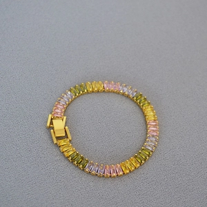 Fashionable gold-plated brass bracelet with gradient colorful rectangular zircon stones