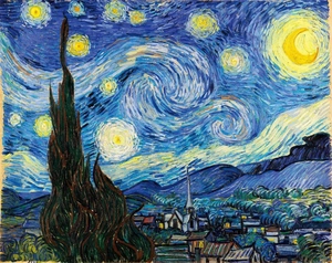 Artistic detail of The Starry Night painting featuring blue swirls and yellow moon