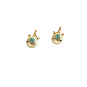 Cute handmade enamel unicorn donut stud earrings with rose flower and gold plated finish