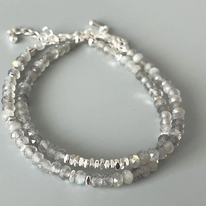 Double-layered faceted grey labradorite beaded bracelet with silver irregular spacers