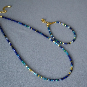 Lapis lazuli and turquoise beaded jewelry set with gold spacers and pearls