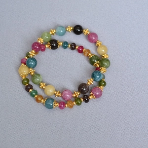 Colorful Tourmaline Beaded Bracelet For Women Handmade Copper Gold Plated Elastic Bead Bracelet Retro Sweet Jewelry Gift