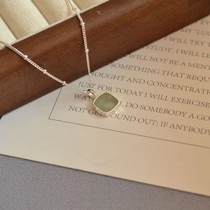 Minimalist silver square aquamarine pendant necklace with elegant beaded chain detail