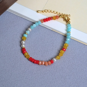 Bohemian colorful amazonite bead necklace with pearls and adjustable gold chain