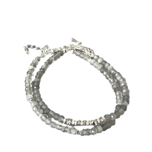Double-layer faceted grey moonstone and silver bead bracelet with adjustable clasp