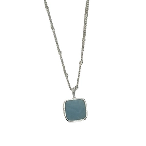 Minimalist silver satellite chain necklace with a square light blue gemstone pendant