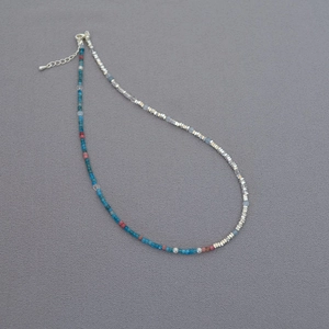 Floral French style beaded necklace with blue and pink stones and silver clasp detail
