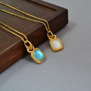 Collier Pendentif Carré Vintage Avec Cristal Et Nacre Laiton Plaqué Or Bijoux Géométriques Pour Femmes