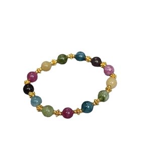 Handmade colorful tourmaline beaded bracelet with vintage golden floral spacers