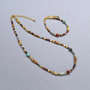 Collier et Bracelet de Perles en Pierre Naturelle Vintage Français pour Femmes Ensemble de Bijoux Artisanaux Géométriques Dorés
