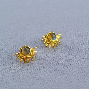 Vintage Sunburst Brass Gold Plated Stud Earrings With 925 Sterling Silver Post Inlaid Labradorite Bohemian Women Jewelry