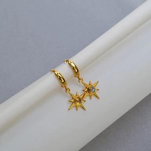 Golden sunburst star earrings with labradorite gemstone in a minimalist fashion style