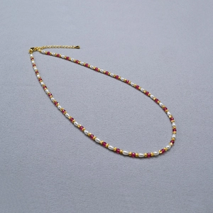 Rice Artificial Pearl Red Corundum Beaded Necklace And Bracelet Elegant French Style Gold Plated Copper Retro Women Jewelry