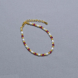 French elegant rice pearl and red corundum beaded necklace with golden lobster clasp and chain