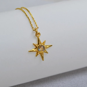 Minimalist Brass Gold Plated Octagram Star Pendant Necklace With Labradorite Stone Elegant Starry Jewelry For Women Gift