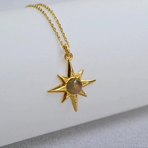 Minimalist 18K gold plated brass North Star necklace with a labradorite gemstone pendant